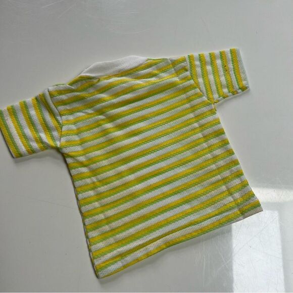 Vintage 1960s 1970s Unisex Neon Yellow Green Striped Retro Short Sleeve Top - Picture 3 of 10